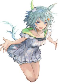 1girl animal_ears blue_eyes blush breasts brown_choker choker collarbone commentary_request dress ear_covers flower green_sailor_collar grey_hair hair_flower hair_ornament hairclip horse_ears horse_girl horse_tail looking_at_viewer open_mouth sailor_collar seiun_sky_(reeling_in_the_big_one)_(umamusume) seiun_sky_(umamusume) short_hair single_ear_cover small_breasts smile solo sunflower sunflower_hair_ornament tail umamusume white_dress yanagi_wakana yellow_choker