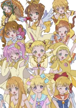 Rule 34 | 6+girls, aikatsu!, aikatsu! (series), amulet dia, annotated, arisugawa otome, arm up, armlet, asuka momoko, atat karubi, bare shoulders, bishoujo senshi sailor moon, blonde hair, blue bow, blue bowtie, blue eyes, bow, bowtie, braid, brown hair, cardcaptor sakura, choker, coco (mermaid) (mermaid melody pichi pichi pitch), coco (mermaid melody pichi pichi pitch), collarbone, color connection, commentary, cone hair bun, crossover, crown, cure lemonade, detached sleeves, diamond hair ornament, domino mask, dress, drill hair, elbow gloves, english commentary, eye mask, female focus, finger heart, fong pudding, frilled choker, frilled sleeves, frills, fuuin no tsue, gloves, green eyes, green hair, hair bow, hair bun, hairband, hand on own cheek, hand on own face, hat, highres, hinamori amu, holding, holding mask, holding microphone, holding umbrella, holding wand, idol time pripara, jewelry, kanaria, kasugano urara (yes! precure 5), kero (cardcaptor sakura), kinomoto sakura, kinomoto sakura (miraculous sakura), long hair, magical girl, mask, matching hair/eyes, mermaid melody pichi pichi pitch, mew pudding, microphone, multiple crossover, multiple girls, my melody, necklace, ojamajo doremi, on shoulder, one eye closed, onegai my melody, open mouth, orange choker, orange sailor collar, pink hair, precure, pretty series, pripara, puffy detached sleeves, puffy sleeves, red bow, rozen maiden, sailor collar, sailor senshi uniform, sanrio, shell, shell necklace, shirt, short hair, shugo chara!, sidelocks, simple background, sleeveless, sleeveless dress, sweater, tiara, tokyo mew mew, twin braids, twin drills, twintails, umbrella, wand, white background, white gloves, white hairband, white shirt, wide sleeves, wings, wink, witch hat, yellow dress, yellow eyes, yellow gloves, yellow headwear, yellow sweater, yellow theme, yes! precure 5, yumekawa yui, yumeno uta