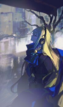 1girl bkornblume black_coat blue_eyes blue_scarf building chelizi_(weibo_5986313927) coat from_side grey_hair headphones highres long_hair looking_up procreate_(medium) profile rain reverse:1999 scarf sidelighting solo upper_body