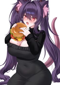 1girl animal_ear_fluff animal_ears black_dress black_nails breasts burger cleavage commentary covered_navel dress facial_mark food hair_intakes heart heart_facial_mark highres holding holding_burger holding_food horns indie_virtual_youtuber large_breasts long_hair open_mouth purple_hair red_eyes saliva solo tentacles velvet_noir velvet_noir_(vtuber) virtual_youtuber