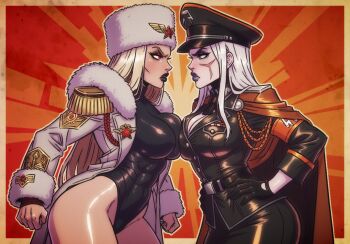 2girls abs armband asymmetrical_docking bare_legs belt black_dress black_gloves black_lips blonde_hair blush breast_press breasts cape cleavage clenched_hands clothing_cutout coat covered_abs csaurageul dress epaulettes fur-trimmed_coat fur_trim gloves grey_eyes hands_on_own_hips hat highleg highleg_leotard insignia jacket large_breasts leotard long_hair looking_at_another makeup military_hat military_jacket military_uniform multiple_girls muscular muscular_female orange_cape original peaked_cap purple_lips red_eyes scar scar_on_face skin_tight standing staring thick_eyebrows thick_eyelashes thong_leotard ushanka white_hair