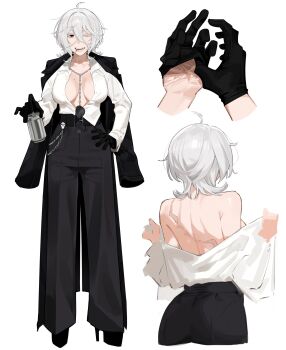 1girl absurdres black_coat black_gloves black_pants breasts chain chain_necklace cleavage coat coat_on_shoulders commentary english_commentary gloves grey_hair highres jericho_(wabuwabu_05) jewelry mole mole_on_breast necklace original pants partially_open_shirt removing_glove scar scar_on_back shirt simple_background skull_ornament sunglasses undressing wabuwabu_05 white_background white_hair white_shirt