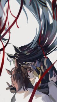 2girls absurdly_long_hair absurdres agnes_tachyon_(tach-nology)_(umamusume) agnes_tachyon_(umamusume) ahoge animal_ears black_choker black_coat black_gloves black_hair black_shirt brown_hair choker coat collared_shirt contrast_collar gloves grey_hair hair_between_eyes hand_on_another&#039;s_arm highres horse_ears horse_girl lab_coat long_hair long_hair_between_eyes long_sleeves looking_at_viewer m_u_s_i_n manhattan_cafe_(creeping_black)_(umamusume) manhattan_cafe_(umamusume) multicolored_hair multiple_girls necktie red_eyes red_ribbon ribbon shirt short_hair umamusume very_long_hair yellow_eyes yellow_necktie