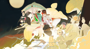 1boy absurdres branch brown_hat closed_mouth commission flower full_moon hai_yexing_ren hand_fan hat highres holding holding_fan japanese_clothes lantern long_sleeves looking_at_another male_focus mask mask_on_head mihuashi_commission moon night original outdoors pants people purple_flower rabbit_mask red_hair short_hair sky solo_focus star_(symbol) watermark white_flower yellow_eyes