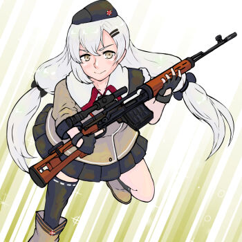 1girl brown_eyes commentary_request fur_trim girls'_frontline gradient_background gun holding holding_gun holding_weapon long_hair shirt smile solo svd_(girls'_frontline) tsuchinoko_snake weapon white_hair white_shirt