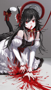 1girl absurdres animal_ear_fluff animal_ears apron bare_shoulders bell black_dress black_hair blood blood_on_face bonnet bow breasts cat_ears cat_girl cat_tail cleavage commentary_request detached_sleeves dress fang frilled_apron frills grey_background hair_over_one_eye highres jingle_bell juliet_sleeves leash long_hair long_sleeves looking_at_viewer neck_bell non09_24 open_mouth original plaid_bow puffy_sleeves red_bow red_eyes romaji_commentary simple_background sleeves_past_wrists small_breasts solo tail tail_bow tail_ornament very_long_hair white_apron white_bonnet white_sleeves