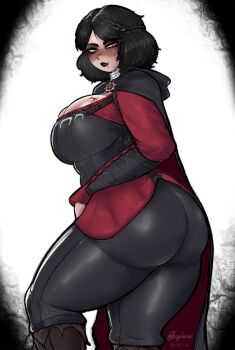 Rule 34 | 1girl, absurdres, ass, baphoavi, black cape, black corset, black hair, black lips, black pants, blood, blood on breasts, blood on mouth, braid, breasts, cape, cleavage, commentary, corset, curvy, highres, huge ass, huge breasts, looking at viewer, orange eyes, pants, plump, red shirt, serana, shirt, short hair, signature, solo, the elder scrolls, the elder scrolls v: skyrim, thick thighs, thighs