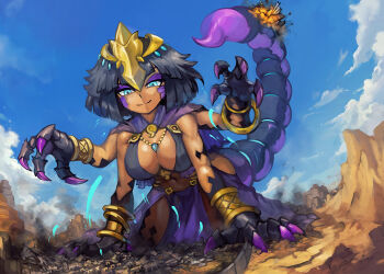 1girl aqua_eyes armlet arthropod_girl black_hair blue_eyes blue_sky breasts claws cleavage cloud commentary dark-skinned_female dark_skin desert english_commentary explosion extra_arms giant giantess jewelry large_breasts makeup medium_hair midriff navel original pelvic_curtain scorpion_girl scorpion_tail sky smile tail yilx
