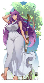 1girl :| animal_ear_fluff animal_ears arm_up artist_name bare_shoulders barefoot bayeuxman blunt_bangs breasts cat_ears cat_girl closed_mouth commentary_request covered_groin dress expressionless eyelashes falling_leaves fern_(sousou_no_frieren) full_body hair_ornament hand_on_own_head highres holding holding_staff large_breasts leaf long_hair looking_at_viewer mage_staff paid_reward_available purple_eyes purple_hair signature sleeveless sleeveless_dress solo sousou_no_frieren staff standing straight_hair tree turtleneck turtleneck_dress variant_set white_background white_dress