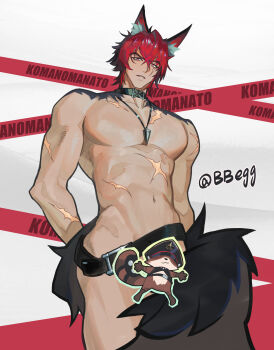 1boy abs absurdres animal_ears bara belt censored character_name dog_boy dog_ears dog_tail from_below hashtag highres jewelry jiangyiting17 kamanosuke_(zenless_zone_zero) komano_manato looking_at_viewer male_focus muscular muscular_male navel necklace nude pectorals raccoon raccoon_boy raccoon_tail tail zenless_zone_zero