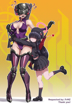 2girls blue_archive blush breasts chest_height cleavage commentary crossover embarrassed english_commentary english_text girls'_frontline halo heart height_difference highres justice_task_force_member_(blue_archive) less_than_chest_height multiple_girls sangvis_ferri substance20 surprised vespid_(girls'_frontline)