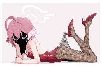 1girl ahoge arsyky14 ass bare_shoulders black_pantyhose blue_archive blue_eyes blush breasts closed_mouth flat_chest floral_print_pantyhose full_body hair_between_eyes halo hand_on_own_face hashtag-only_commentary head_rest heterochromia high_heels highres hoshino_(blue_archive) hoshino_(first_year)_(blue_archive) lace_pantyhose_hooked_on_heel_(meme) legs legs_up leotard looking_at_viewer lying meme on_stomach pantyhose pink_hair pink_halo red_leotard red_shoes shoes short_hair simple_background small_breasts solo strapless strapless_leotard sweatdrop the_pose white_background yellow_eyes