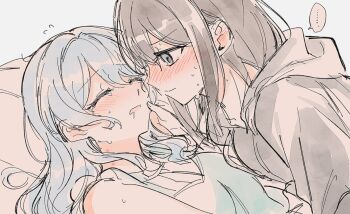 ... 2girls bang_dream! bang_dream!_girls_band_party! black_hair black_hoodie blue_eyes blue_hair blush closed_eyes closed_mouth hand_on_another's_face hickey hood hoodie long_hair matsubara_kanon multiple_girls okusawa_misaki open_mouth opi smile spoken_ellipsis sweat tears yuri