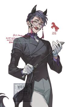 1boy animal_ears bit_gag black_coat black_vest coat commentary corbeau_(pokemon) cowboy_shot eyewear_strap fake_animal_ears fake_tail gag gen_7_pokemon glasses gloves highres holding holding_riding_crop horse_ears horse_tail kitsune_(ly_howe) licking_lips looking_at_viewer male_focus mudsdale nintendo pokemon pokemon_legends:_z-a purple_hair purple_shirt riding_crop round_eyewear shirt short_hair simple_background solo symbol-only_commentary tail tongue tongue_out vest white_background white_gloves yellow_eyes