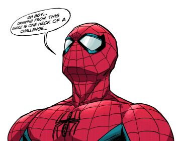 Rule 34 | 1boy, animal print, artist name, commentary, english commentary, english text, from below, highres, marvel, mask, meme, pizza990, solo, speech bubble, spider-man, spider-man (series), spider print, spider web print, superhero costume, upward angle frieren drawing (meme), white background