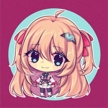 ahoge black_bow black_bowtie black_thighhighs blue_eyes boots bow bowtie brown_hair chibi chibi_only closed_mouth commentary dress english_commentary full_body genieart hair_ornament hair_ribbon heart heart_hair_ornament lamia long_hair long_sleeves monster_girl neuro-sama official_alternate_costume pink_boots pink_dress red_bow red_ribbon ribbon short_dress smile standing thighhighs two_side_up vedal_ai