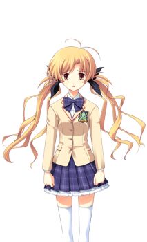 1girl antenna_hair black_bow blazer blonde_hair bow bowtie breasts brown_eyes brown_jacket chaos;head collared_shirt dress_shirt game_cg hair_bow jacket looking_at_viewer matsuo_yukihiro miniskirt narrowed_eyes non-web_source official_art open_mouth orihara_kozue petticoat plaid_bow plaid_bowtie plaid_clothes plaid_skirt purple_bow purple_bowtie sad school_uniform science_adventure shirt skirt small_breasts solo sprite suimei_academy_school_uniform thighhighs transparent_background twintails white_shirt white_thighhighs winter_uniform zettai_ryouiki