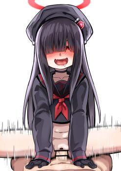 1boy 1girl assertive_female bar_censor beret black_gloves black_hair black_headwear black_shirt blue_archive blunt_bangs blush bottomless censored clothed_sex cowgirl_position girl_on_top gloves halo hat hetero highres in_heat justice_task_force_member_(blue_archive) loli long_hair long_sleeves looking_at_viewer michomicho navel neckerchief open_mouth penis pov pussy red_eyes red_halo red_neckerchief sex shirt simple_background solo_focus spread_legs straddling vaginal white_background