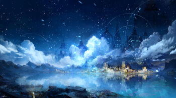 architecture black_sky building cloud commentary commentary_request concept_art dome english_commentary fantasy grand_scale highres kurasuta lake mixed-language_commentary mountainous_horizon night no_humans original outdoors reflection reflective_liquid scenery signature sky water