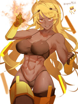 1girl abs absurdres at2. blaze_(minecraft) blonde_hair bra breasts dark-skinned_female dark_skin highres large_breasts long_hair looking_at_viewer minecraft muscular muscular_female panties personification smile solo thong underwear