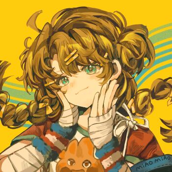 Rule 34 | 1girl, bandaged wrist, bandages, blue eyes, brown hair, chinese commentary, closed mouth, commentary request, double bun, floating hair, hair bun, hair ornament, hairclip, hands on own cheeks, hands on own face, highres, looking at viewer, low twintails, reverse:1999, shirt, short sleeves, smile, solo, spathodea (reverse:1999), t-shirt, twintails, upper body, wristband, yellow background, youmo yinzi