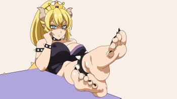 1girl animated animated_gif barefoot black_nails black_toenails blonde_hair blue_eyes bowsette breasts cleavage crown feet female_focus highres long_hair mario_(series) nail_polish new_super_mario_bros._u_deluxe nintendo sharp_toenails smile soles solo tail toenails toes zorzero