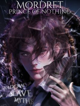 Rule 34 | 1boy, black coat, black hair, black necktie, character name, coat, collared shirt, commentary, copyright name, english commentary, formal clothes, glass shard, grey eyes, hand up, highres, holding glass shard, looking at viewer, mordret (shadow slave), myths author, necktie, portrait, refraction, shadow slave, shirt, short hair, smirk, solo, white shirt