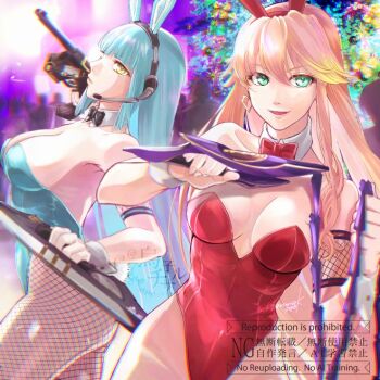2girls animal_ear_hairband animal_ears black_bow black_bowtie blonde_hair blue_hair blue_leotard blunt_bangs bob_cut bow bowtie breasts chinese_text chisarune cleavage closed_mouth commentary_request covered_navel detached_collar double-parted_bangs dual_wielding earrings eiyuu_densetsu english_text fake_animal_ears fishnet_pantyhose fishnets floating_hair green_eyes gun hair_between_eyes hairband handgun headset highleg highleg_leotard hime_cut holding holding_gun holding_knife holding_weapon holding_whip jewelry judith_lanster knife kuro_no_kiseki_(series) large_breasts leotard long_hair medium_breasts multicolored_hair multiple_girls one_side_up pantyhose parted_lips pink_hair playboy_bunny rabbit_ear_hairband rabbit_ears rabbit_tail red_bow red_bowtie red_leotard risette_twinings side-tie_leotard single_earring smile strapless strapless_leotard streaked_hair tail two-tone_hair upper_body watermark weapon whip white_wrist_cuffs wrist_cuffs yellow_eyes