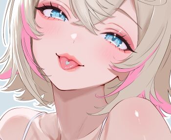 1girl absurdres akamiya_mumu bare_shoulders blonde_hair blue_eyes close-up collarbone eyelashes grey_background heart highres hololive hololive_english mococo_abyssgard multicolored_hair parted_lips pink_hair simple_background solo streaked_hair tongue tongue_out two-tone_hair upper_body virtual_youtuber