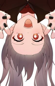 1girl black_nails brown_hair claw_pose commentary_request eyeliner flower-shaped_pupils genshin_impact highres hu_tao_(genshin_impact) jewelry long_hair looking_at_viewer makeup multiple_rings nail_polish open_mouth owl_5151 portrait red_eyeliner red_eyes ring simple_background solo symbol-shaped_pupils teeth twitter_username upside-down white_background