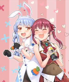 Rule 34 | 2girls, :d, absurdres, animal ears, ascot, black gloves, black leotard, blue hair, blush, braid, braided twintails, breasts, brooch, can, carrot hair ornament, closed eyes, coat dress, commentary request, cropped jacket, detached sleeves, dress, drunk, food-themed hair ornament, fur scarf, gloves, gold trim, hair ornament, hair ribbon, haniwa (leaf garden), head on another's shoulder, highres, holding, holding can, hololive, houshou marine, houshou marine (1st costume), jacket, jewelry, leotard, leotard under clothes, long hair, looking at another, medium breasts, multicolored hair, multiple girls, no coat, no headwear, open mouth, orange eyes, pink background, pleated skirt, puffy detached sleeves, puffy short sleeves, puffy sleeves, rabbit ears, red ascot, red hair, red jacket, red ribbon, red skirt, ribbon, scarf, see-through clothes, see-through leotard, see-through midriff, short sleeves, sidelocks, sideways glance, skirt, sleeveless, sleeveless jacket, small breasts, small sweatdrop, smile, strapless, striped background, strong zero, swept bangs, thick eyebrows, twin braids, twintails, two-tone hair, usada pekora, usada pekora (1st costume), vertical-striped background, virtual youtuber, white hair, white scarf