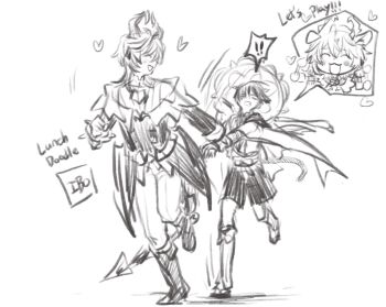 Rule 34 | !, !!, 2boys, 49ibo240, artist name, blank eyes, boots, bow, clenched hand, coat, coattails, commentary request, dragon boy, dragon horns, dragon wings, english text, facing another, fang, furisode, genshin impact, gloves, greyscale, happy, hat, hatching (texture), heart, highres, holding another's wrist, horns, japanese clothes, jingasa, kimono, korean commentary, leg warmers, long sleeves, low wings, mandala, mini durin (genshin impact), mini durin (human) (genshin impact), monochrome, multiple boys, open mouth, pants, pulling, scaramouche (genshin impact), shorts, sketch, spoken character, spoken exclamation mark, toeless legwear, wanderer (genshin impact), waving arms, wings