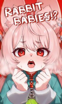 1girl absurdres animal_ears blush braid english_text furry furry_female hands_up heart heart-shaped_pupils heavy_breathing highres nose_blush open_mouth pink_hair portrait rabbit_ears rabbit_girl red_background red_eyes saliva signature solo sweat symbol-shaped_pupils white_kojinak zenless_zone_zero zhao_(zenless_zone_zero)