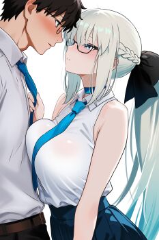 1boy 1girl absurdres bamboo_tac belt black_bow black_hair black_pants black_skirt blue_eyes blush bow braid breasts collared_shirt commentary_request fate/grand_order fate_(series) fujimaru_ritsuka_(male) glasses grey_hair hair_bow highres large_breasts long_hair long_sleeves morgan_le_fay_(fate) necktie pants ponytail shirt short_hair sidelocks skirt sleeveless sleeveless_shirt very_long_hair white_background white_shirt