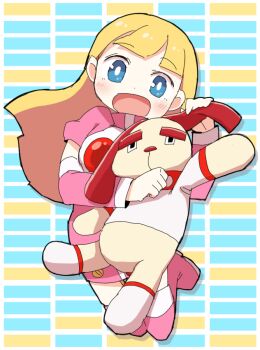 1girl animal bemani black_eyes blonde_hair blue_eyes boots clothed_animal cosmo_(gitadora) detached_sleeves dog dokan_(dkn) dress full_body gitadora grabbing_another&#039;s_ear hand_on_another&#039;s_ear high_collar long_hair open_mouth pink_boots pink_dress pink_sleeves shirt smile socks thigh_boots vitamin_(gitadora) white_shirt white_socks