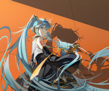 1girl absurdres bare_shoulders black_skirt black_sleeves blue_eyes blue_hair closed_mouth detached_sleeves hatsune_miku headphones highres hxbdzj long_hair looking_at_viewer number_tattoo pleated_skirt shirt shoulder_tattoo skirt sleeves_past_wrists solo tattoo twintails very_long_hair vocaloid white_shirt