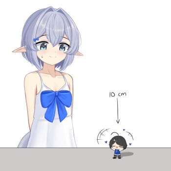 +++ 1boy 1girl ahoge arms_behind_back artist_self-insert bare_arms bare_shoulders basher black_hair blue_bow blue_eyes boros_(ouro_kronii) bow chest_bow chibi collarbone commentary crossdressing dress english_commentary grey_hair hair_between_eyes hair_bow hair_intakes heart height highres hololive hololive_english light_blush long_pointy_ears mini_person minigirl personification pointy_ears short_hair simple_background smile snake_tail spaghetti_strap strapless strapless_dress tail trap virtual_youtuber white_background white_dress