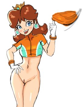 1girl blue_eyes bottomless brown_hair crown earrings flower_earrings gloves hand_on_own_hip jewelry looking_at_viewer mario_(series) medium_hair midriff navel nintendo official_alternate_costume princess_daisy pussy simple_background solo sunbeam_(artist) tongue tongue_out