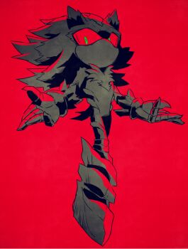 1boy chest_fur colored_sclera commentary english_commentary full_body furry furry_male gareki_sh green_eyes looking_at_viewer male_focus mephiles_the_dark monochrome no_feet no_mouth no_nose red_background red_sclera red_theme simple_background sonic_(series) sonic_the_hedgehog_(2006) spiked_hair spot_color