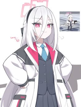 Rule 34 | >:), 1girl, absurdres, black hairband, black skirt, blue archive, blue necktie, bright pupils, closed mouth, collared shirt, commentary, cowboy shot, crying emoji, double-parted bangs, doyagao, emoji, english text, game screenshot inset, hair between eyes, hairband, half updo, halo, hands on own hips, highres, jacket, kei (blue archive), kei (new body) (blue archive), long sleeves, looking at viewer, necktie, pink halo, pleated skirt, projectorzero, puff of air, red eyes, reference inset, ringed eyes, school uniform, screenshot inset, shirt, simple background, skirt, smile, smug, solo, v-shaped eyebrows, white background, white jacket, white pupils