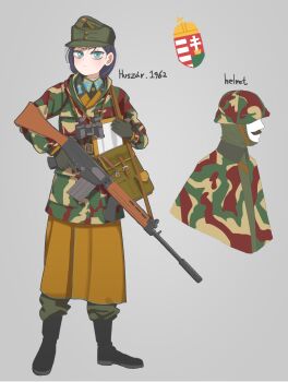 1boy 1girl absurdres automatic_rifle battle_rifle belt belt_pouch binoculars black_boots black_gloves black_hair blue_eyes boots buttons camouflage camouflage_cloak camouflage_headwear camouflage_jacket coat coat_of_arms cockade collar_tabs combat_helmet cross crown_(symbol) field_cap fn_fal fn_herstal frown gloves green_pants gulyas gun gun_sling hat hearts_of_iron helmet highres hungarian_army hungarian_flag hungarian_text hungary jacket kepi map military_hat military_uniform pants pouch rifle simple_background soldier stg58 the_new_order:_last_days_of_europe trench_coat trigger_discipline two-barred_cross weapon woodland_camouflage