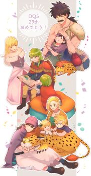 1girl 2boys 3girls 5boys aged_down anniversary armor bare_shoulders belt bianca_(dq5) black_hair blonde_hair blue_cape blue_eyes blue_jacket book boots borongo bow bracelet braid brother_and_sister brown_boots cape chair closed_eyes closed_mouth collarbone collins_(dq5) commentary_request dragon_quest dragon_quest_v dress earrings facial_hair family father_and_daughter father_and_son full_body gloves great_sabrecat great_sabrecub green_bow green_dress green_hair green_tunic grin hair_bow hand_on_another's_head henry_(dq5) hero's_daughter_(dq5) hero's_son_(dq5) hero_(dq5) highres holding holding_book husband_and_wife indian_style jacket jewelry leaning_to_the_side long_hair long_skirt looking_at_another low_ponytail maria_(dq5) mother_and_daughter mother_and_son multiple_boys multiple_girls mustache neck_ring necklace off-shoulder_dress off_shoulder on_chair open_book orange_cape outdoors outside_border papas pillow pink_skirt ponytail purple_cape purple_turban red_cape short_hair shoulder_armor siblings single_braid sitting skirt smile spiked_hair standing tooth_necklace tsunao527 tunic twins twitter_username white_gloves white_tunic