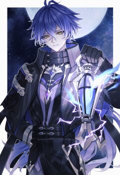 1boy absurdres arm_behind_back arm_up belt black_belt black_capelet black_coat black_gloves blue_gemstone blue_hair border capelet closed_mouth coat collared_capelet commentary_request cowboy_shot crossed_bangs double-parted_bangs flins_(genshin_impact) full_moon gem genshin_impact gloves gradient_hair hair_between_eyes highres holding holding_lantern lantern long_hair long_sleeves male_focus mochiii-s moon multicolored_hair night night_sky outside_border sky solo star_(sky) starry_sky very_long_hair white_border yellow_eyes