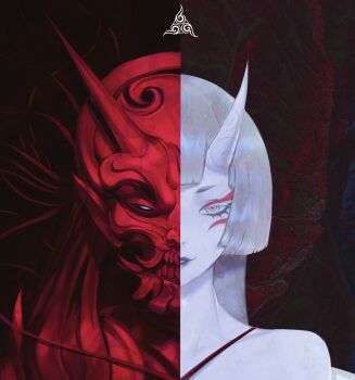 1girl bare_shoulders commentary dark_background dark_persona glowing glowing_eyes grey_eyes highres horns lipstick long_hair looking_at_viewer makeup mask oni oni_horns oni_mask original pale_skin portrait silver_hair simple_background solo split_screen split_theme symbol-only_commentary zeronis