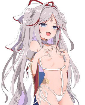 1girl :d bare_shoulders braid breasts collarbone commentary_request commission copyright_request detached_sleeves facial_mark fang forehead_mark grey_eyes grey_hair highres long_hair long_sleeves looking_at_viewer multicolored_hair navel nipples nurikabe_kagome_(sennen_sensou_aigis) nyaru_(nyaru_4126) open_mouth panties parted_bangs purple_hair revealing_clothes sennen_sensou_aigis side-tie_panties simple_background skeb_commission small_breasts smile solo two-tone_hair two_side_up underwear very_long_hair white_background white_panties white_sleeves wide_sleeves
