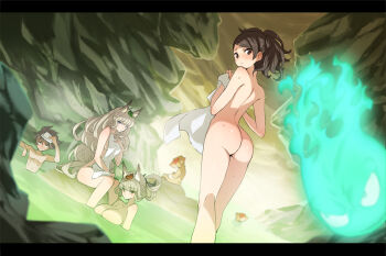 1boy 3girls animal_ears ass back bad_id bad_pixiv_id black_hair blush breasts brown_hair cleavage covering_privates fox_ears hitodama huge_breasts izuna_jinkuro japanese_macaque kisuke kongiku leaf leaf_on_head letterboxed long_hair looking_at_viewer looking_back medium_breasts mixed-sex_bathing momohime monkey multiple_girls nude nude_cover oboro_muramasa onsen partially_submerged photoshop_(medium) saitou_masatsugu shared_bathing short_hair silver_hair sitting smile towel very_long_hair water yuzuruha