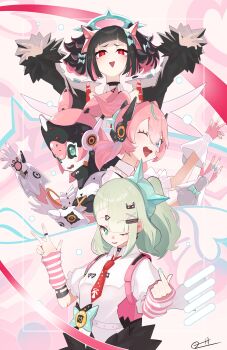 4girls absurdres aqua_hair aqua_nails aqua_streaks aria_(zenless_zone_zero) arm_garter arm_warmers arms_up black_sclera black_skirt black_sleeves blue_eyes bow collar colored_inner_hair colored_sclera commentary detached_collar detached_sleeves dress dual_persona earrings fingerless_gloves frilled_sleeves frills fur-trimmed_skirt fur-trimmed_sleeves fur_trim gloves green_bow green_eyes green_hair green_halo hair_between_eyes hair_bow halo hands_up heart highres humanoid_robot jewelry looking_at_viewer multicolored_hair multiple_girls multiple_hair_clips musical_note_earrings nangong_yu necktie one_eye_closed open_mouth pink_arm_warmers pink_background pink_bag pink_gloves pink_hair ponytail red_eyes red_necktie robot robot_girl shirt short_twintails skirt streaked_hair striped_arm_warmers sunna_(zenless_zone_zero) symbol-only_commentary twintails w white_dress white_shirt white_wings wings zenless_zone_zero zeroartwo