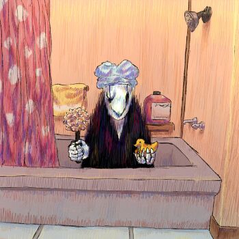 bathing bathroom bathtub deltarune highres holding in_bathtub male_focus rubber_duck shower_cap shower_head skeleton smile soap_bottle solemn_void towel undertale utdr_(toby_fox) w.d._gaster