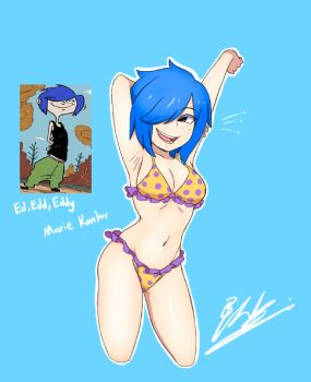 1girl :d arm_behind_head armpits arms_up bikini bikini_skirt black_eyes blue_background blue_hair breasts cleavage commentary ed_edd_n_eddy english_commentary freckles hair_over_one_eye highres ivan_cap_(ivancyxic) marie_kanker medium_breasts navel open_mouth outline polka_dot polka_dot_bikini simple_background smile solo stomach stretching swimsuit white_outline yellow_bikini