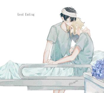 Rule 34 | 2boys, :d, antenna hair, bandage over one eye, bandaged head, bandages, bare arms, basil (faraway) (omori), basil (hospital gown) (omori), basil (omori), black hair, blonde hair, blue flower, blue shirt, bouquet, bruise, bruised eye, closed eyes, closed mouth, collarbone, commentary, cowboy shot, crying, double-parted bangs, english commentary, english text, flower, godgift06, hand on another's back, highres, hospital gown, injury, male focus, multiple boys, omori, open mouth, paper texture, profile, raised inner eyebrows, shirt, short hair, short sleeves, simple background, sitting, smile, spoilers, standing, sunny (hospital gown) (omori), sunny (omori), teeth, twitter username, u u, under covers, upper teeth only, very short hair, white background